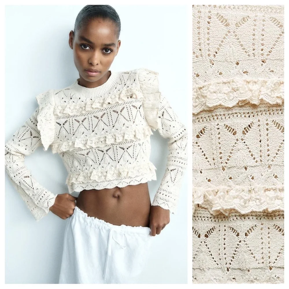 NWT. Zara Ecru Pointelle Ruffled Knit Top. Size L.